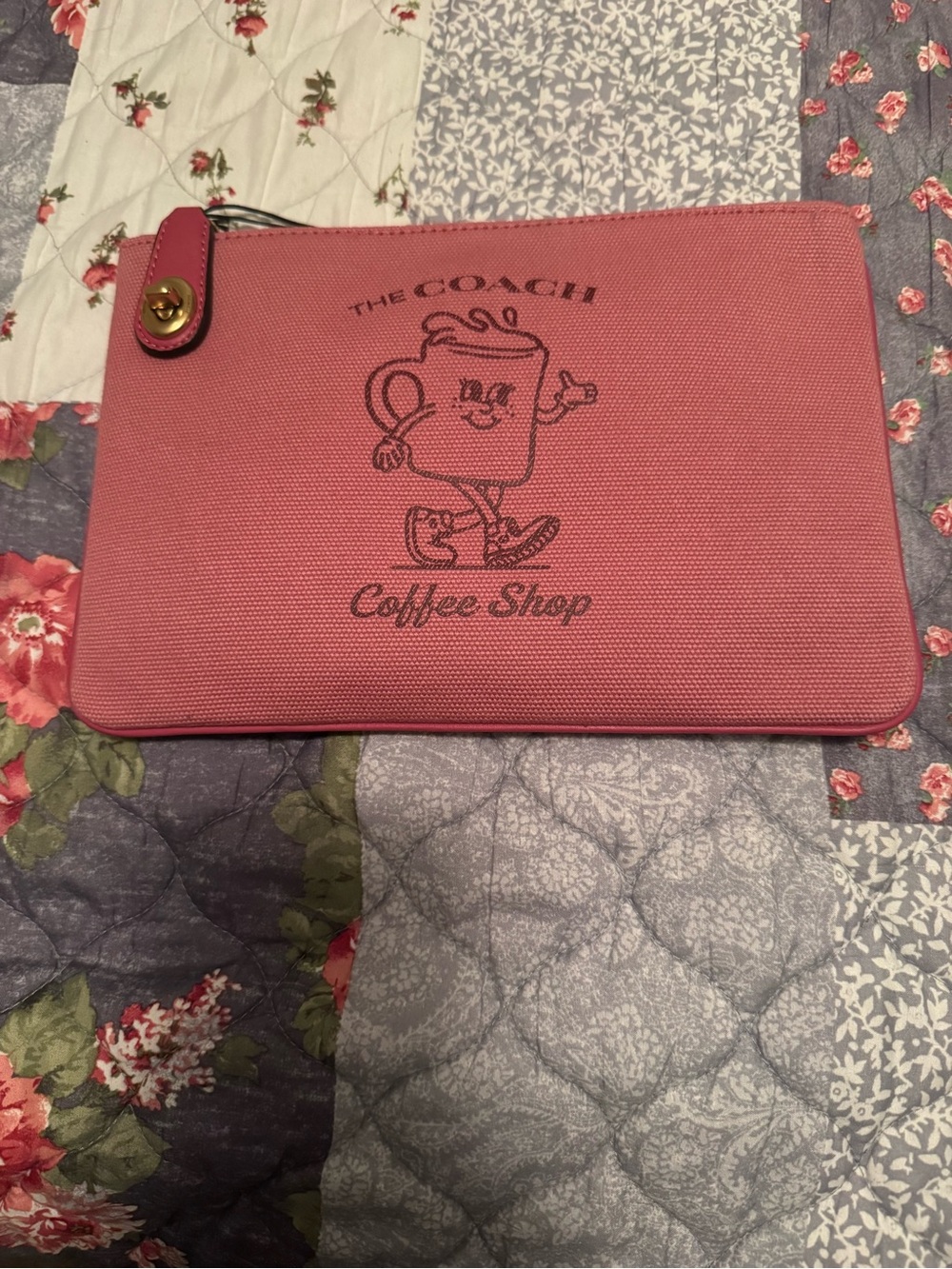 Coach Pink Canvas Coffee Shop Zip Pouch with Gold Accent